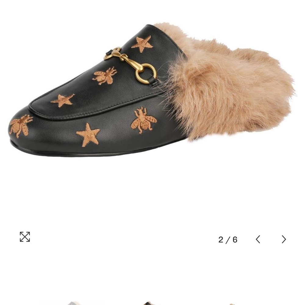 Black Fur-Lined Loafers with Gold Embellishments